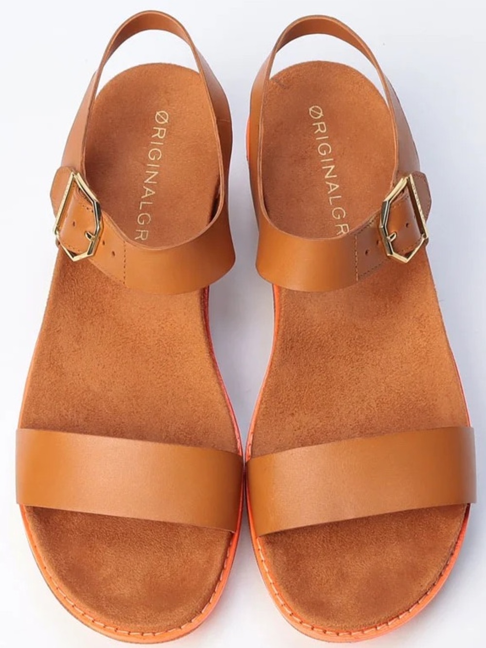 Cole Haan Cognac Leather Slingback Sandals with Gold Buckles